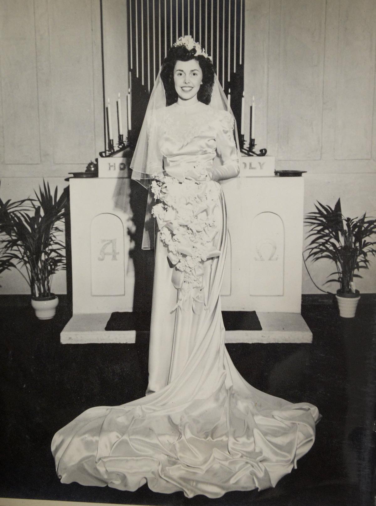 Bettye DeYoung on her wedding day in Bakersfield, January 1945.