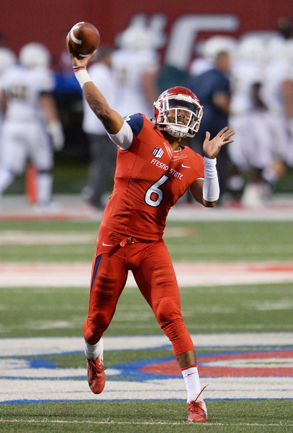 Fresno State quarterback Marcus McMaryion throws during warm-ups before the start of the Bulldogs’ game with Toledo at Bulldog Stadium on Saturday, Sept. 29, 2018.