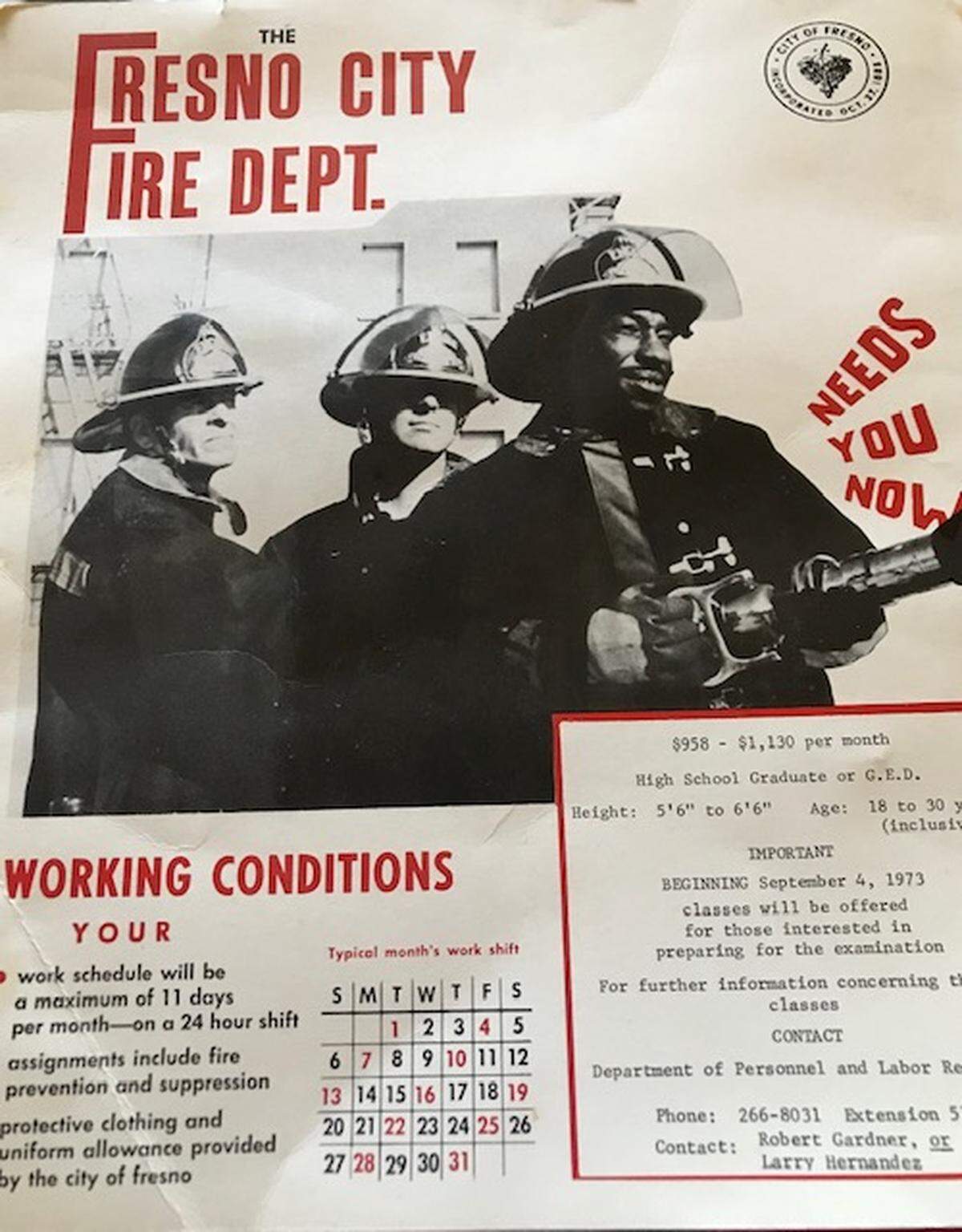 A 1973 Fresno Fire Department recruitment advertisement featuring Floyd White, right.