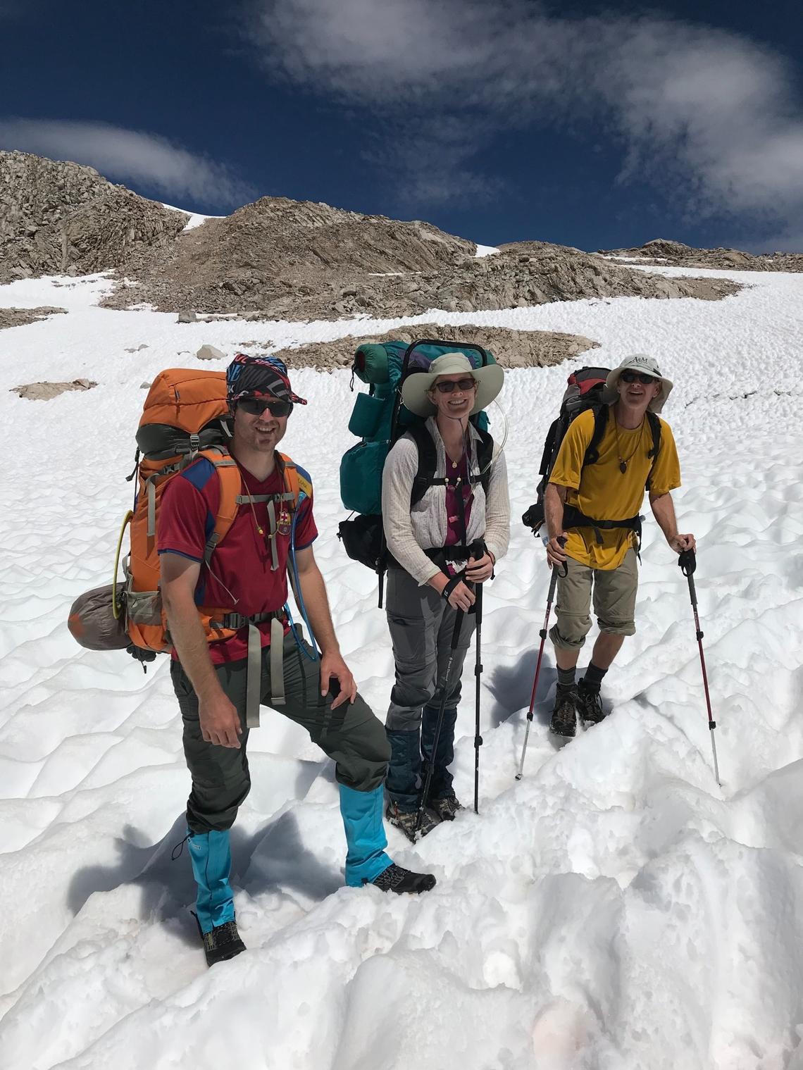 Nicholas Torchia, left, with friend Erica Smith and his uncle Jeff Holbrook during a previous John Muir Trail backpack trip.