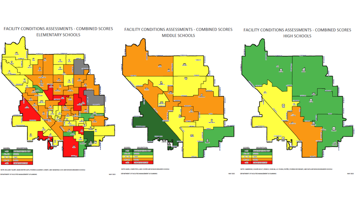 These maps from Fresno Unified School District show facility condition assessments at elementary schools, left, middle schools, center, and high schools.