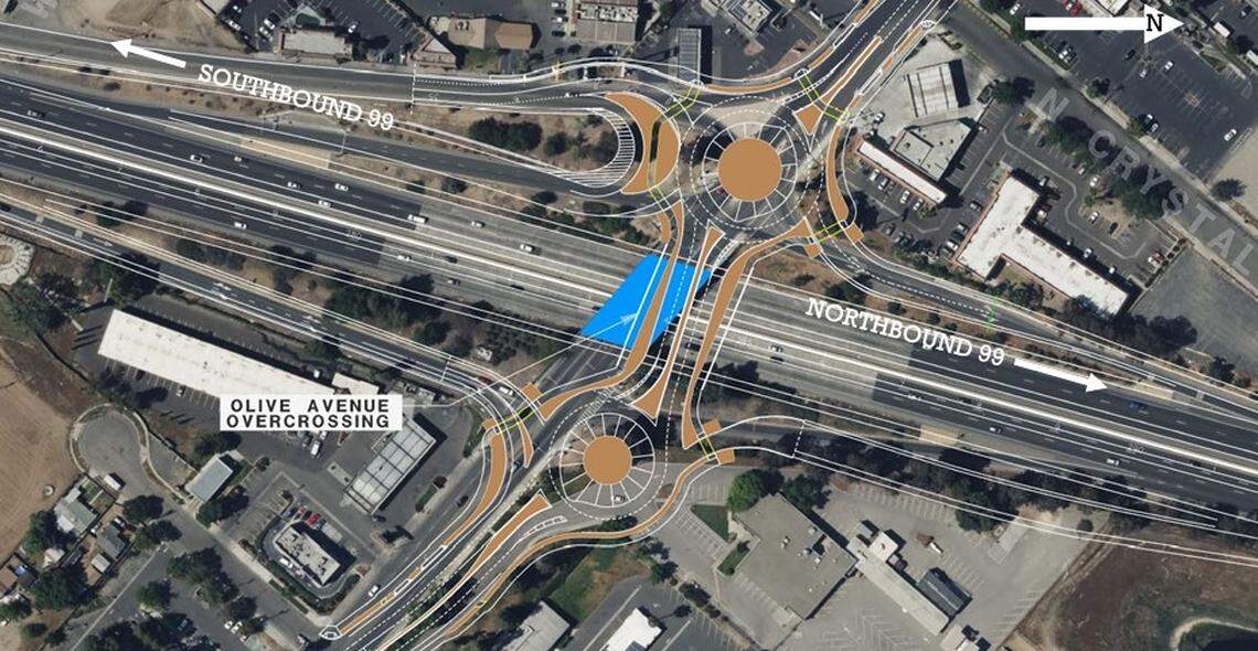 With the planned closure of Highway 99 on- and off-ramps at Belmont Avenue in east-central Fresno in early 2026, the nearby Olive Avenue interhcange will be improved with new traffic roundabouts, shown in this rendering from Caltrans. Olive Avenue will become the de facto primary route for travelers on the freeway, and residents west of Highway 99, to access the nearby Roeding Park and its popular Fresno Chaffee Zoo.