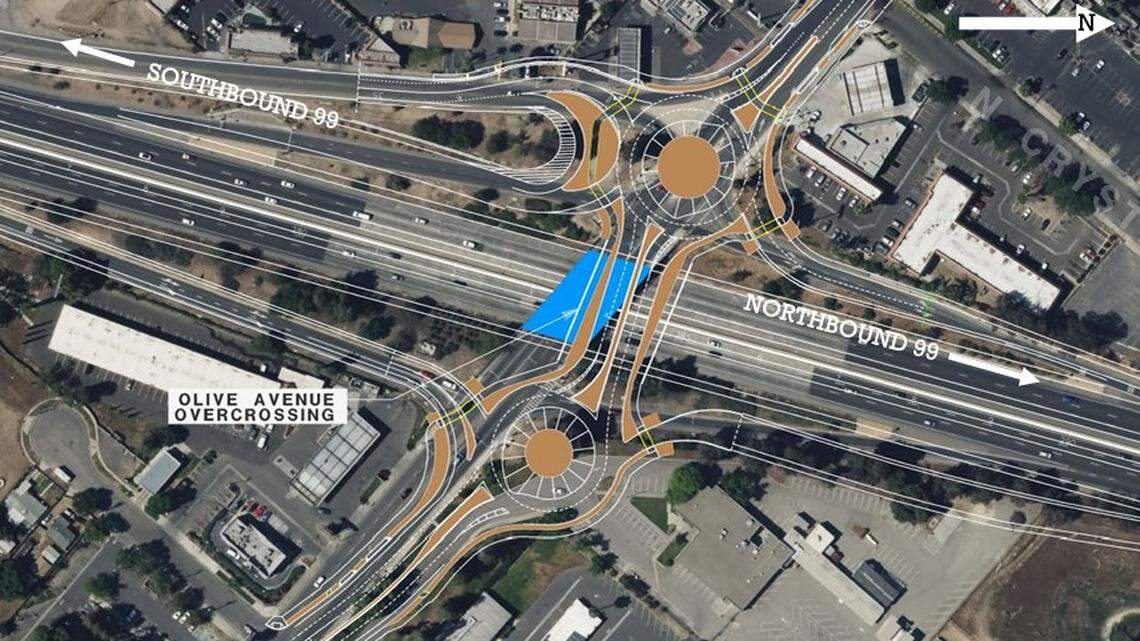 With the planned closure of Highway 99 on- and off-ramps at Belmont Avenue in east-central Fresno in early 2026, the nearby Olive Avenue interhcange will be improved with new traffic roundabouts, shown in this rendering from Caltrans. Olive Avenue will become the de facto primary route for travelers on the freeway, and residents west of Highway 99, to access the nearby Roeding Park and its popular Fresno Chaffee Zoo.