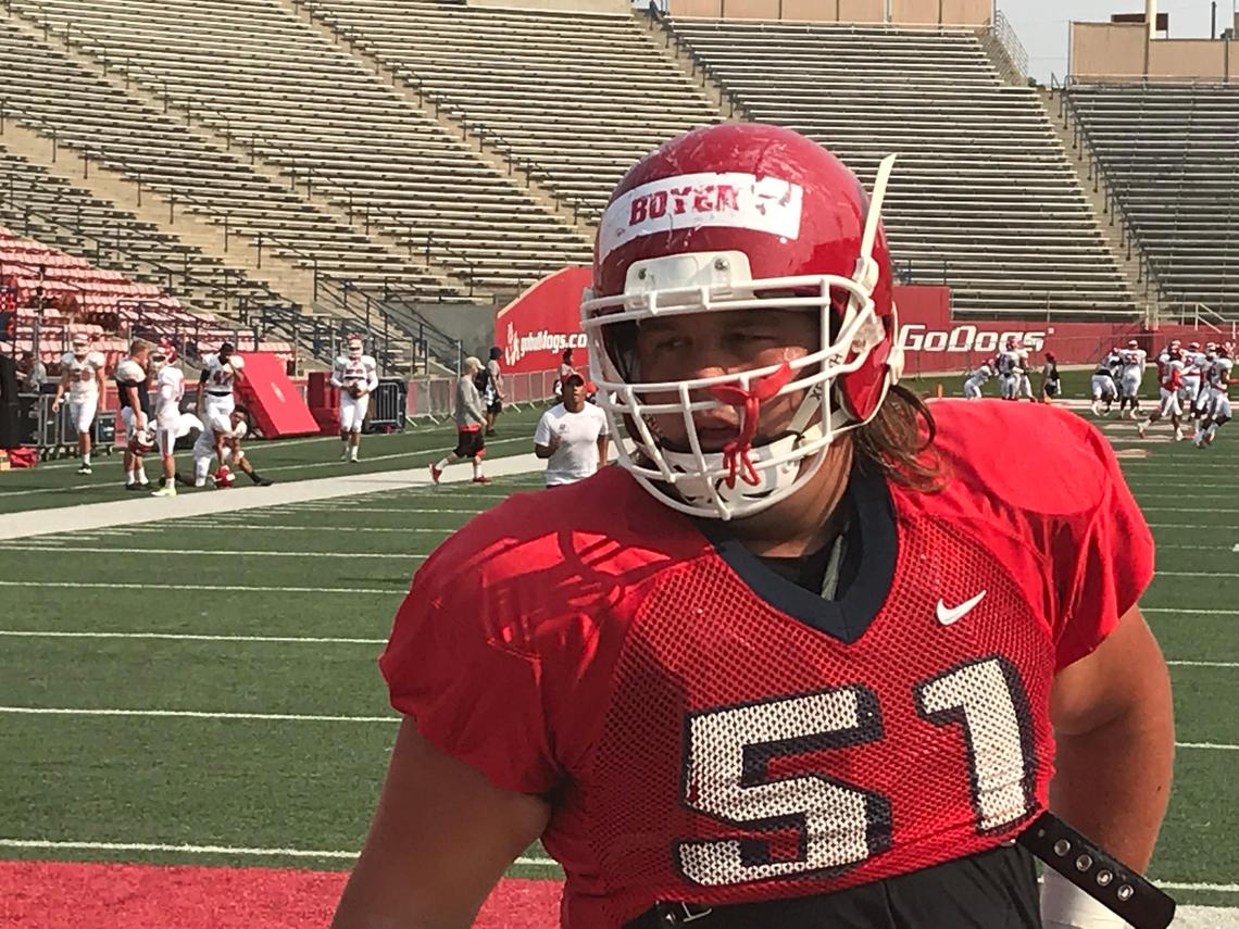 Fresno State center Markus Boyer has worked with the Bulldogs’ No. 1 offense since the start of fall camp. He will be a key piece to an offensive line that is replacing two starters in center Aaron Mitchell and right tackle David Patterson.