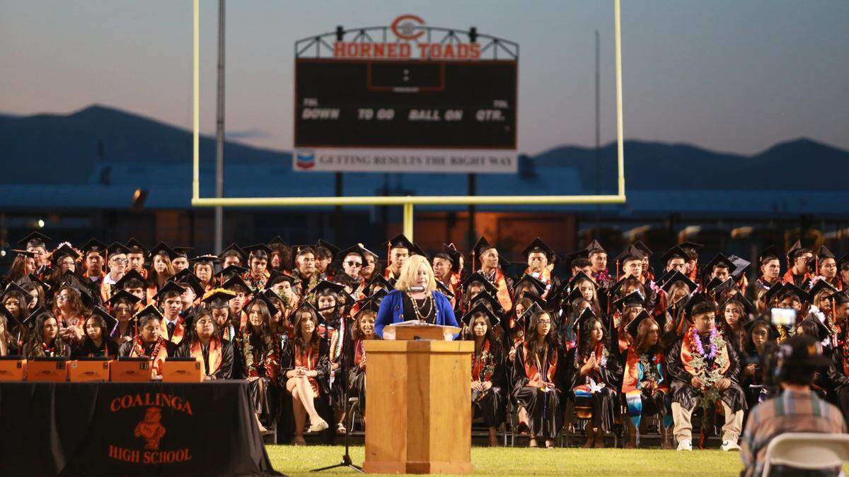 Coalinga High School principal Sheila Díaz during the commencement ceremony at Chuck Garten Memorial Bowl on June 2.