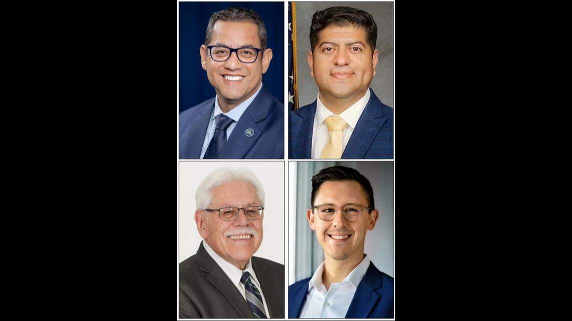 Candidates in the March 5 primary for the District 3 seat on the Fresno County Board of Supervisors are, clockwise from top left, Miguel Arias, Luis Chavez, Edward “EJ” Hinojosa and incumbent Sal Quintero.