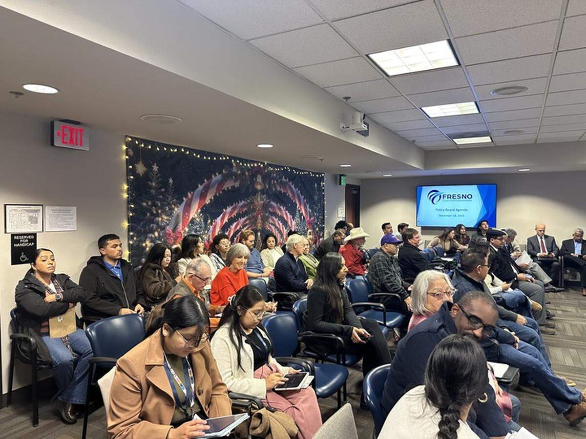 The Fresno Council of Governments chamber is packed with community members Thursday, Dec. 18, 2025, as they await the board’s final decision on an expenditure plan for the effort to renew Measure C.