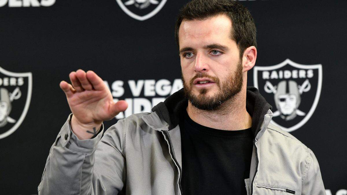 Las Vegas Raiders quarterback Derek Carr meets with reporters after an NFL game against the Pittsburgh Steelers in Pittsburgh, Saturday, Dec. 24, 2022. The Steelers won 13-10.