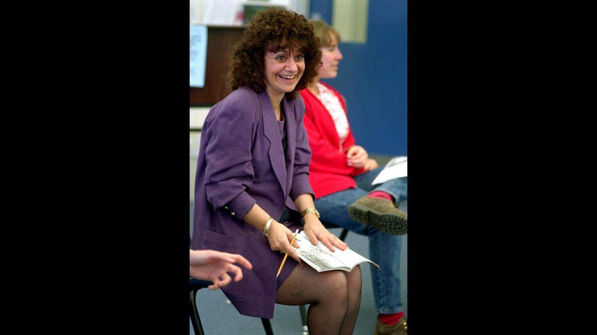 Pauline Sahakian, in a 1994 photo as a Buchanan High School English teacher. Here she sits and one cannot tell her height.