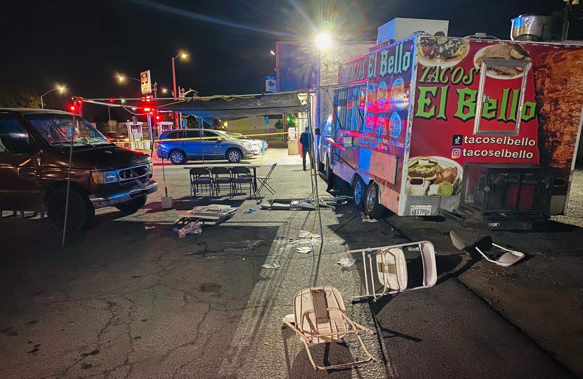 Two customers at a taco truck were injured Saturday night in southeast Fresno after a van plowed into the parked Tacos El Bello vehicle and through the eating area and line.