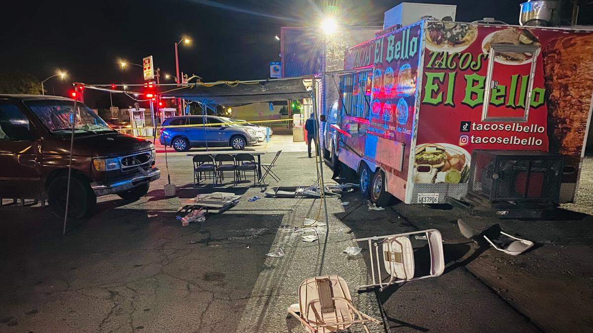 Two customers at a taco truck were injured Saturday night in southeast Fresno after a van plowed into the parked Tacos El Bello vehicle and through the eating area and line.