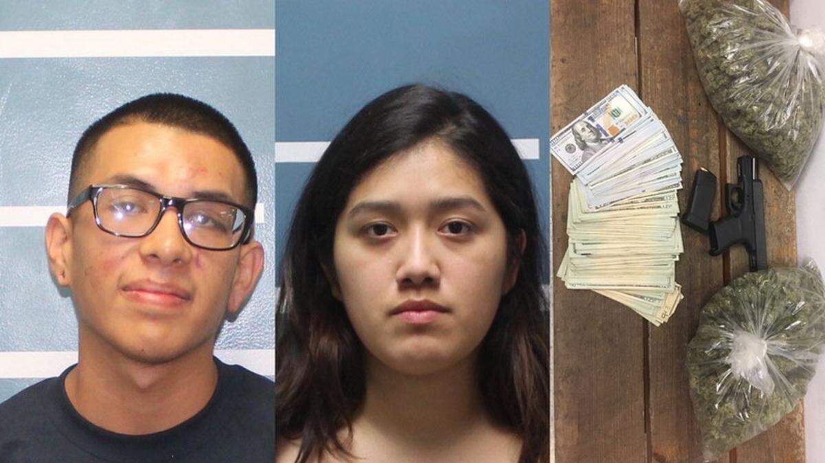 Visalia police arrested Angel Pando, 22, and Iris Lopez-Martinez on drug and weapons charges after a traffic stop Thursday evening.