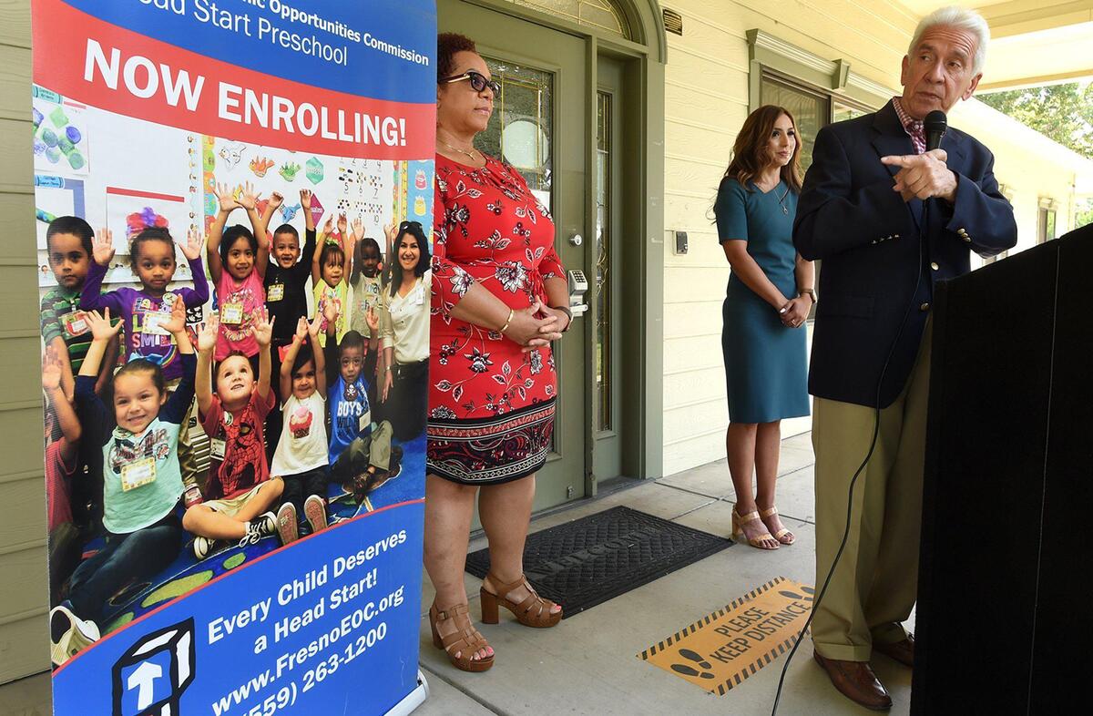 Congressman Jim Costa announces $42 million in federal funding for the Fresno County Economic Opportunities Commission from the U.S. Department of Health and Human Services, during a press conference Friday, June 18, 2021, with Linda Hayes, Fresno EOC Board Chair, left center, and Emilia Reyes, CEO of Fresno EOC.