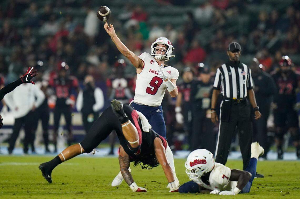 Fresno State quarterback Jake Haener throws a pass during the Bulldogs’ 30-20 victory over No. 21 San Diego State at Dignity Health Sports Park in Carson on Saturday, Oct. 30, 2021. Haener completed 25 of 42 passes for 306 yards with one touchdown in the victory.