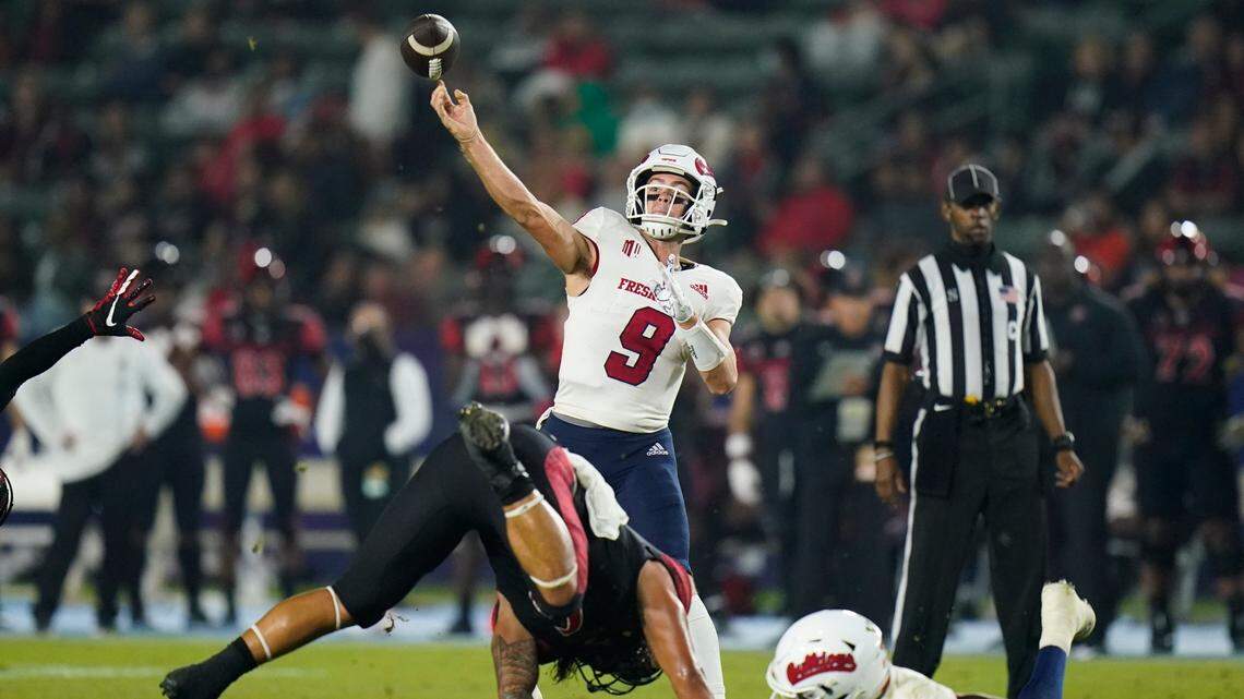 Fresno State quarterback Jake Haener throws a pass during the first half of the team’s NCAA college football game against San Diego State on Saturday, Oct. 30, 2021, in Carson, Calif. (AP Photo/Jae C. Hong)
