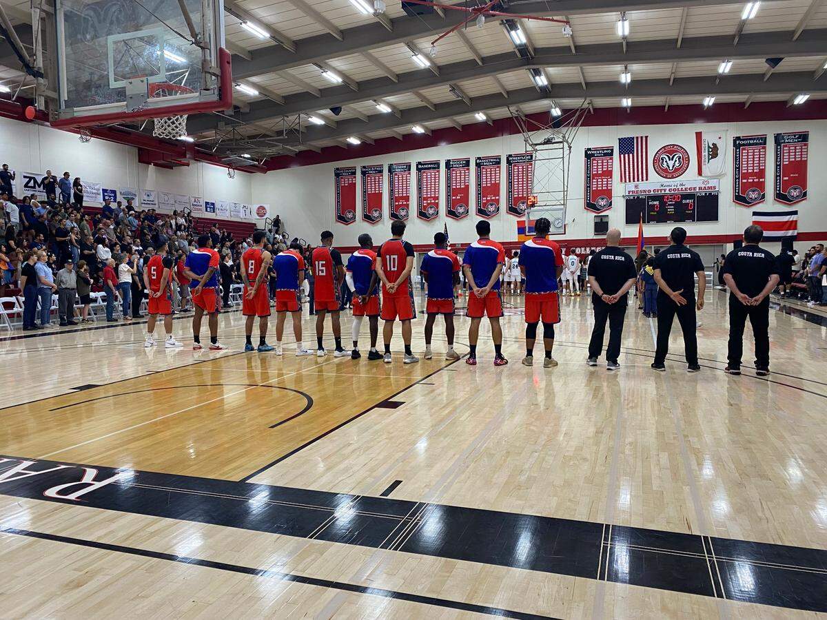 Armenia and Costa Rica stand for the national anthem in the Tarkanian Classic at Fresno City College on Friday, June 6, 2025.