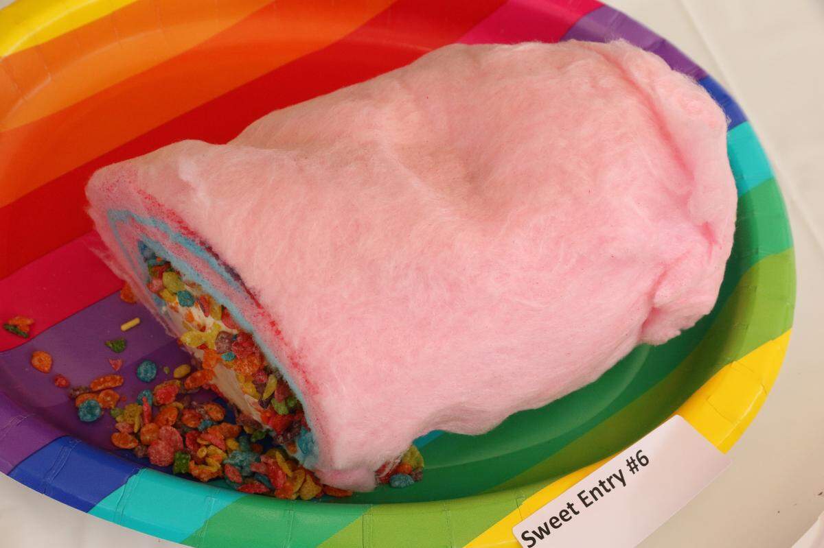 This cotton candy burrito is made from cotton candy stuffed with ice cream and Fruity Pebbles cereal. It was the grand prize winner of The Big Fresno Fair Food Fight.