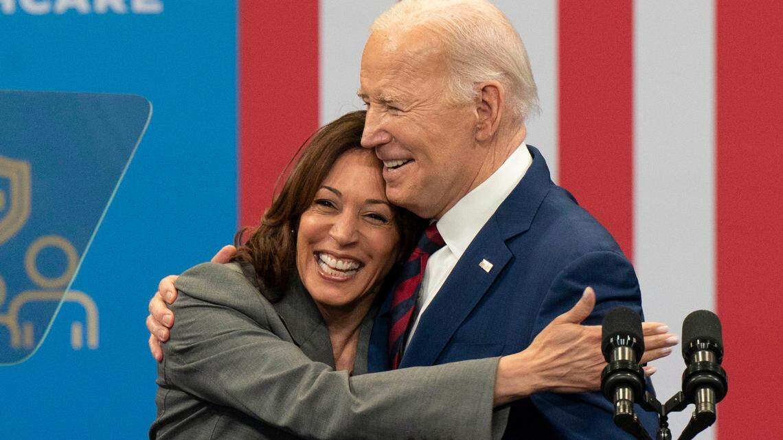 Vice President Kamala Harris and President Joe Biden react on stage during a campaign event at the Chavis Community Center in Raleigh, North Carolina on March 26.