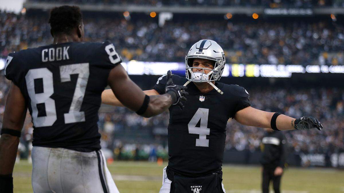 Oakland Raiders quarterback Derek Carr (4) and tight end Jared Cook (87) celebrate during the second half of an NFL football game against the Pittsburgh Steelers in Oakland, Calif., Sunday, Dec. 9, 2018. (AP Photo/D. Ross Cameron)