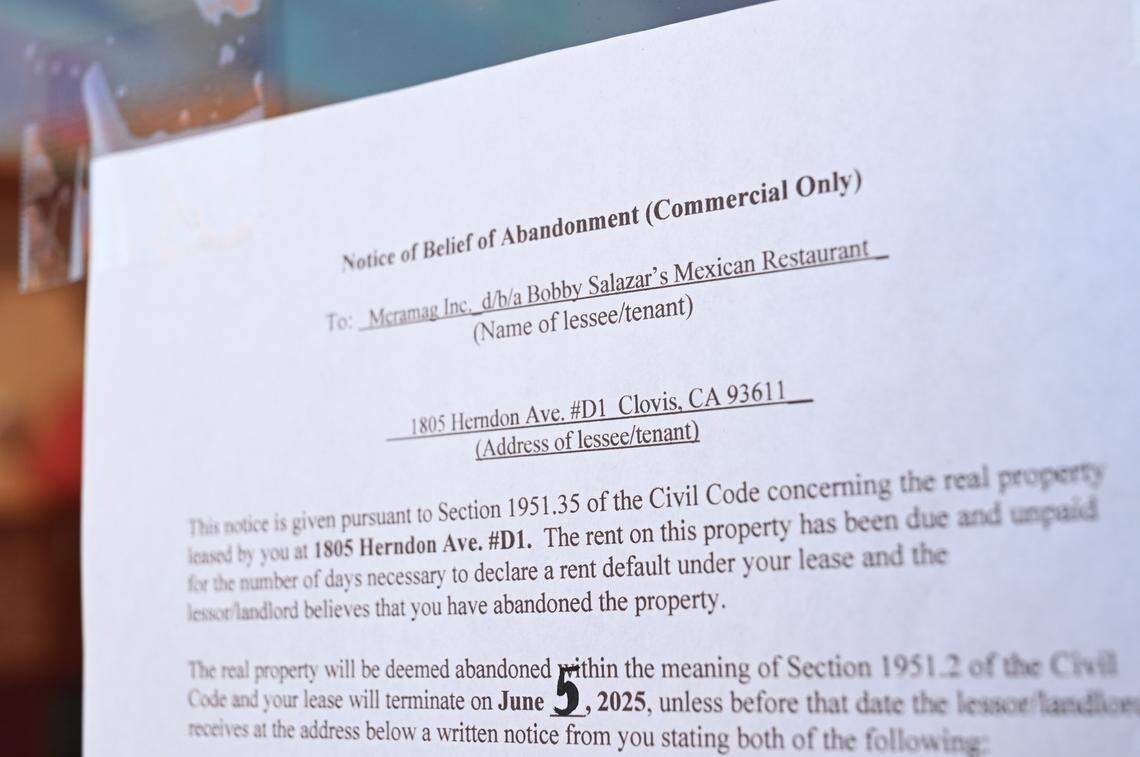 A notice of abandonment is posted at Bobby Salazar’s Taqueria, located at Herndon and Fowler avenues. Photographed Wednesday, May 28, 2025 in Clovis.