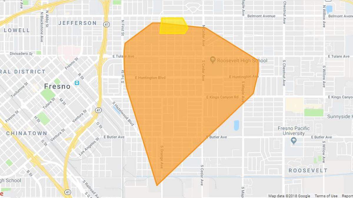 An outage map shows where power was  out after a vehicle hit a pole in Fresno on Tuesday, Oct. 2, 2018.