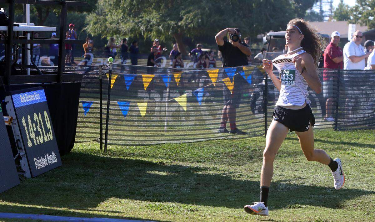 Ventura High senior Anthony Fast Horse won the Rob Brenner championship race of the 44th ASICS Clovis Invitational at Woodward Park on Oct. 7, 2023. He timed 14:32.5.