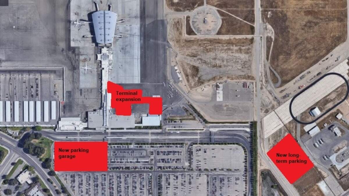 Parts of the FATForward expansion at Fresno Yosemite International Airport include a new parking garage and long-term parking, both completed, and expanding the terminal building itself. The work, noted in this photo illustration, is expected to cost about $115 million in its entirety.