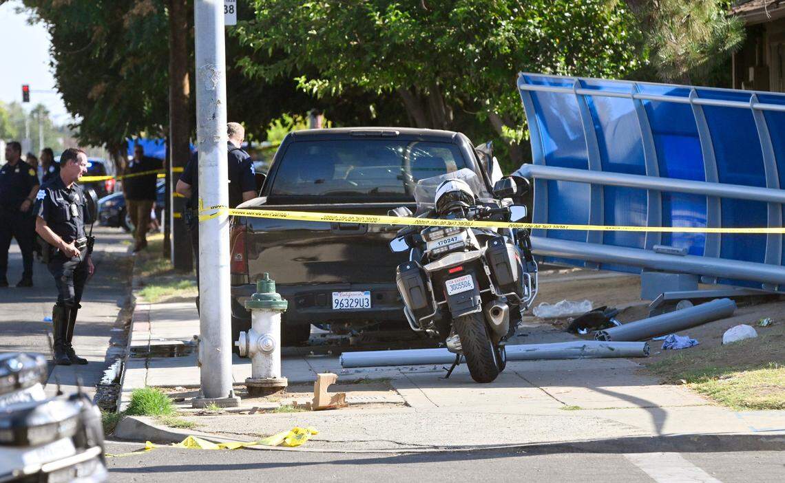 A black truck can be seen at the site of an incident at Cedar and Tulare avenues across the street from Roosevelt High School on Wednesday, Sept. 6, 2023.