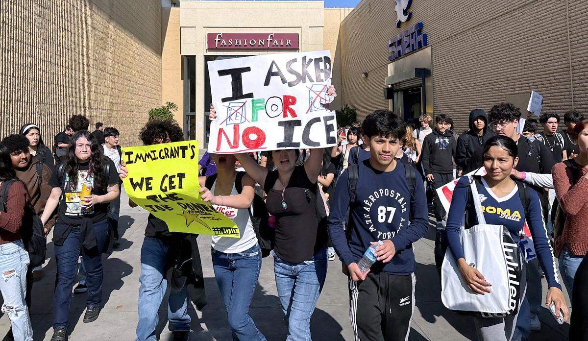 Bullard High School students marched through Fashion Fair Mall on Tuesday Feb. 4, 2026 on the third day of anti-ICE protests across Fresno Unified high schools.
