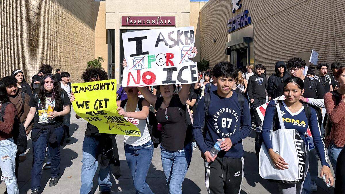 Bullard High School students marched through Fashion Fair Mall on Tuesday Feb. 4, 2026 on the third day of anti-ICE protests across Fresno Unified high schools.