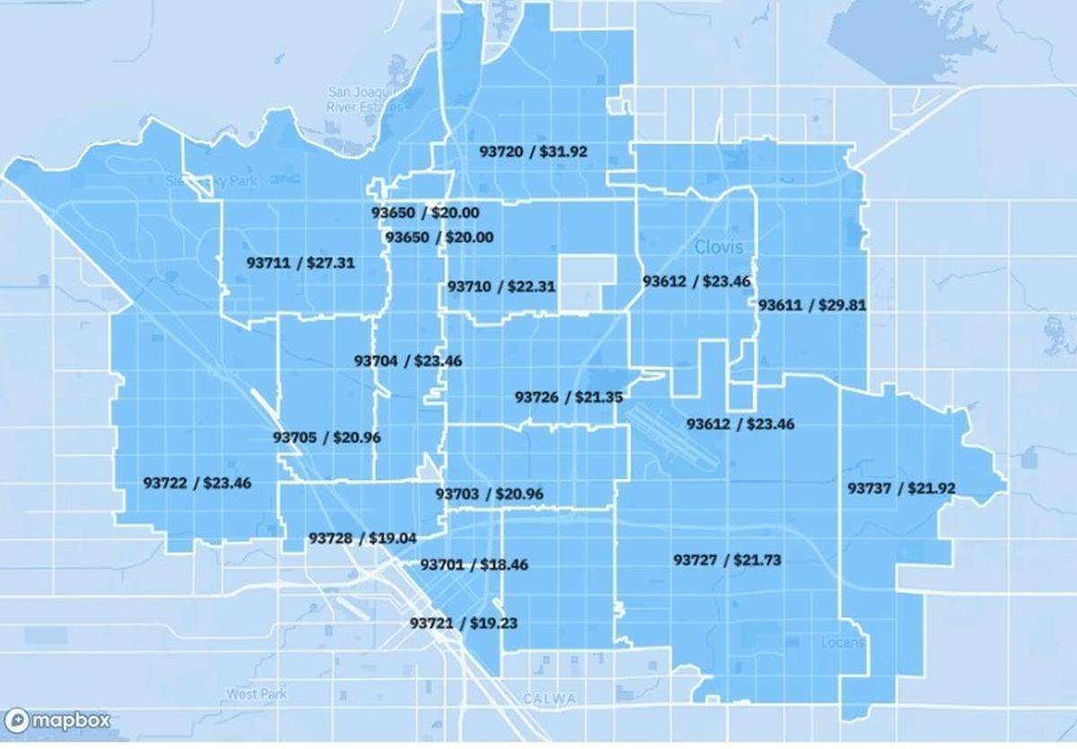 A screenshot of the Out Of Reach National Low Income Housing Coalition map which shows what people would need to make per hour to afford a two-bedroom fair market rate rental in the Fresno area.