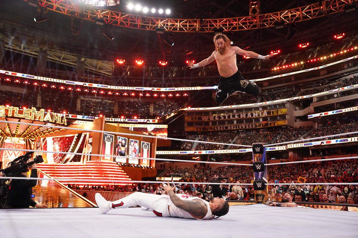 Sami Zayn lands a high-flying splash against The Usos at WrestleMania 39 at SoFi Stadium in Inglewood, California on Saturday, April 1, 2023.