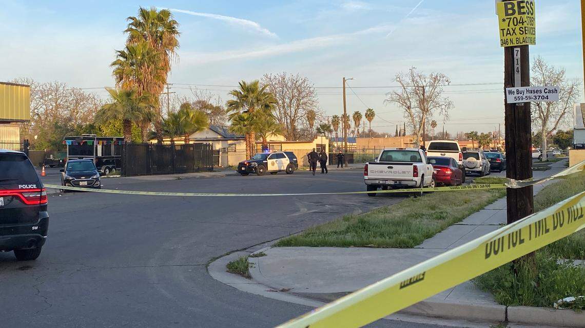 Tulare and B streets are closed off as officers investigate a suspicious death in Fresno, California on Sunday, March 16, 2025.