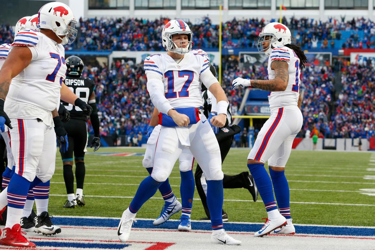 Buffalo Bills quarterback Josh Allen (17), from Firebaugh, celebrates after scoring on a touchdown run in a 24-21 victory over the Jacksonville Jaguars, Sunday, Nov. 25, 2018, in Orchard Park, N.Y.