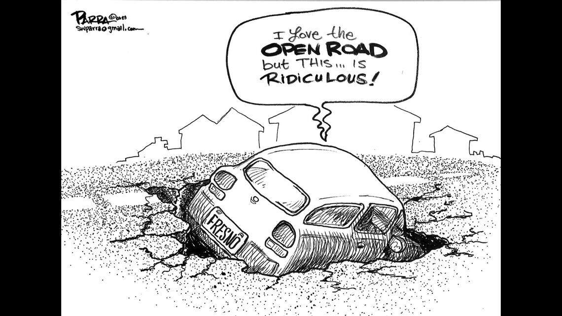 Car-eating potholes challenge Fresno drivers: Latest opinion cartoon by SW Parra
