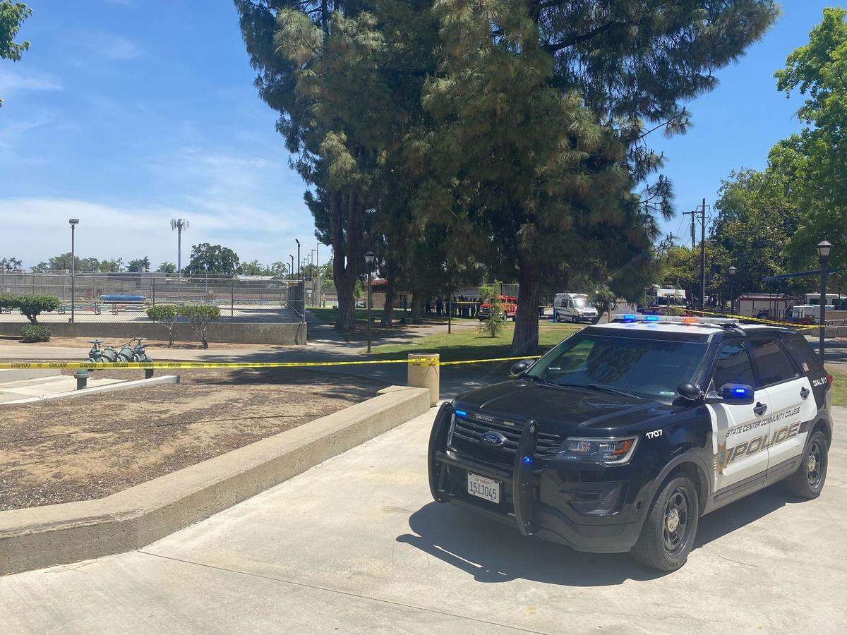 A police cruiser blocks off part of the Fresno City College campus on Thursday, May 19, 2022.