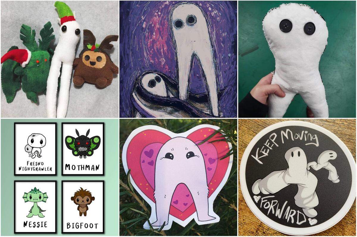 Screenshots of Fresno Nightcrawler art for sale on Etsy. The sellers names on Etsy, who made this art: SkysthelimitBySarah (top left), AdriansAnomalies (top center), FaerieTavern (top right), MaximusPrimeArt (bottom left), ValerianSage (bottom center), and CryptidCorgi (bottom right).