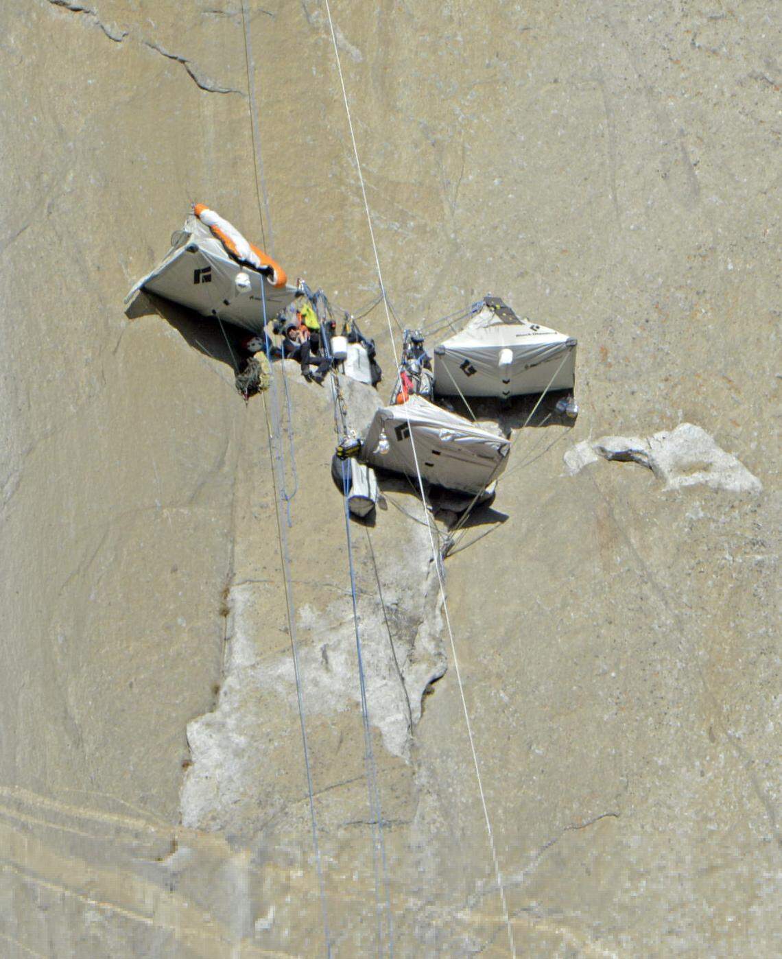 Portaledges, where rock climbers sleep on long climbs, on the side of El Capitan as Tommy Caldwell and Kevin Jorgeson were ascending the Dawn Wall in January of 2015.
