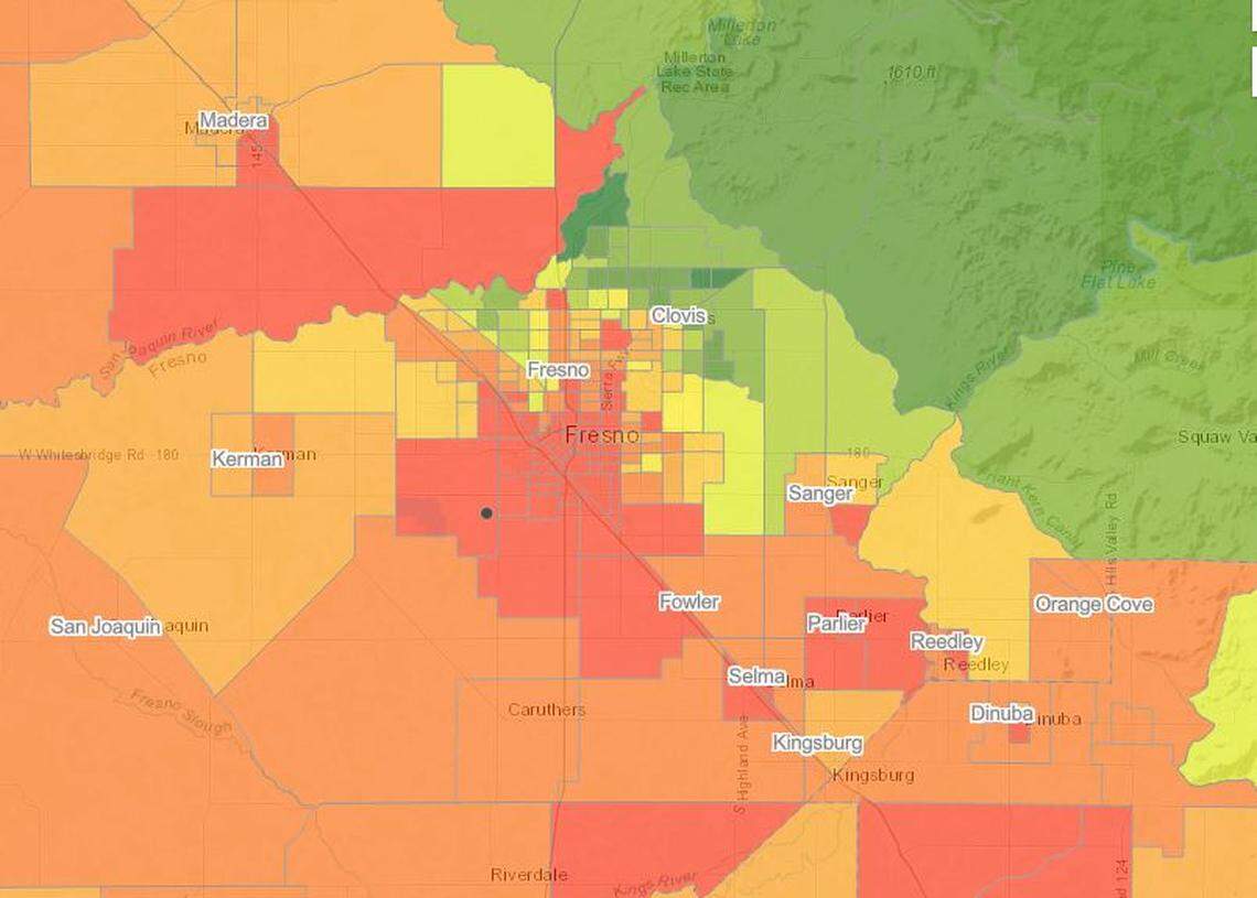 Census tracts are ranked by data about pollution exposure and community health risks in an updated environmental justice tool from CalEPA called CalEnviroScreen 4.0. Those in red scored high. 