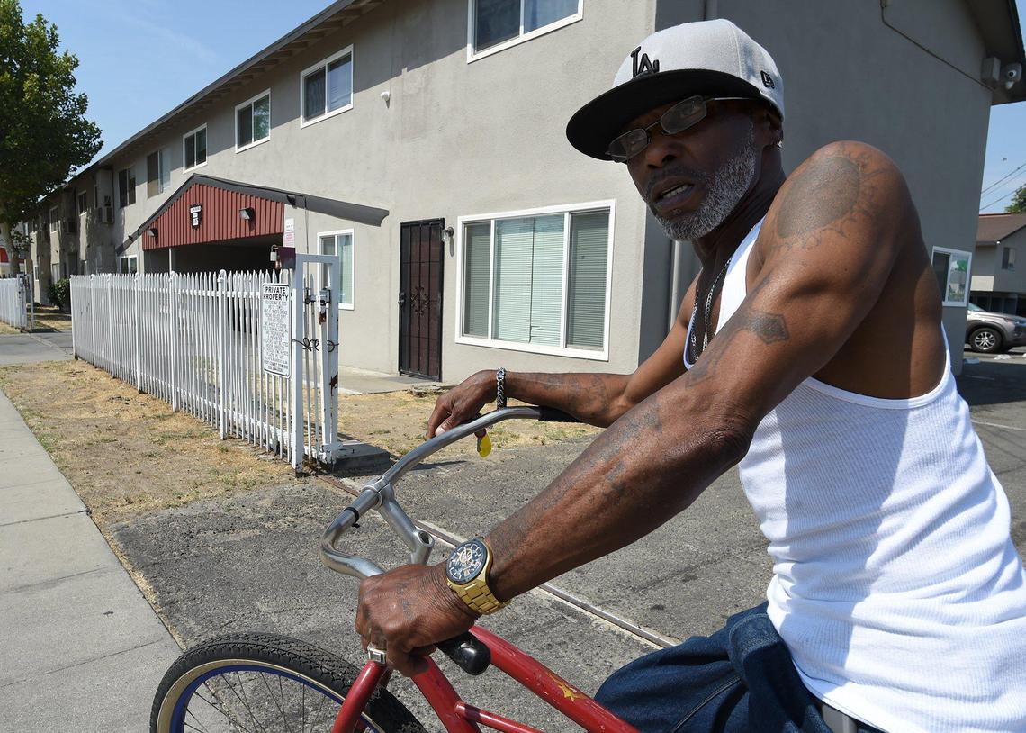 Claudio Hughes, an Army veteran with a disability, talks June 17, 2021, about being served with an eviction notice from his home of 2 years at the Manchester Arms apartment complex. He said he’s had various issues with the owner, who he calls a “slumlord,” such as going without a stove for 68 days, to water being shut off, several times without warning, and trying to restrict who could visit his apartment.