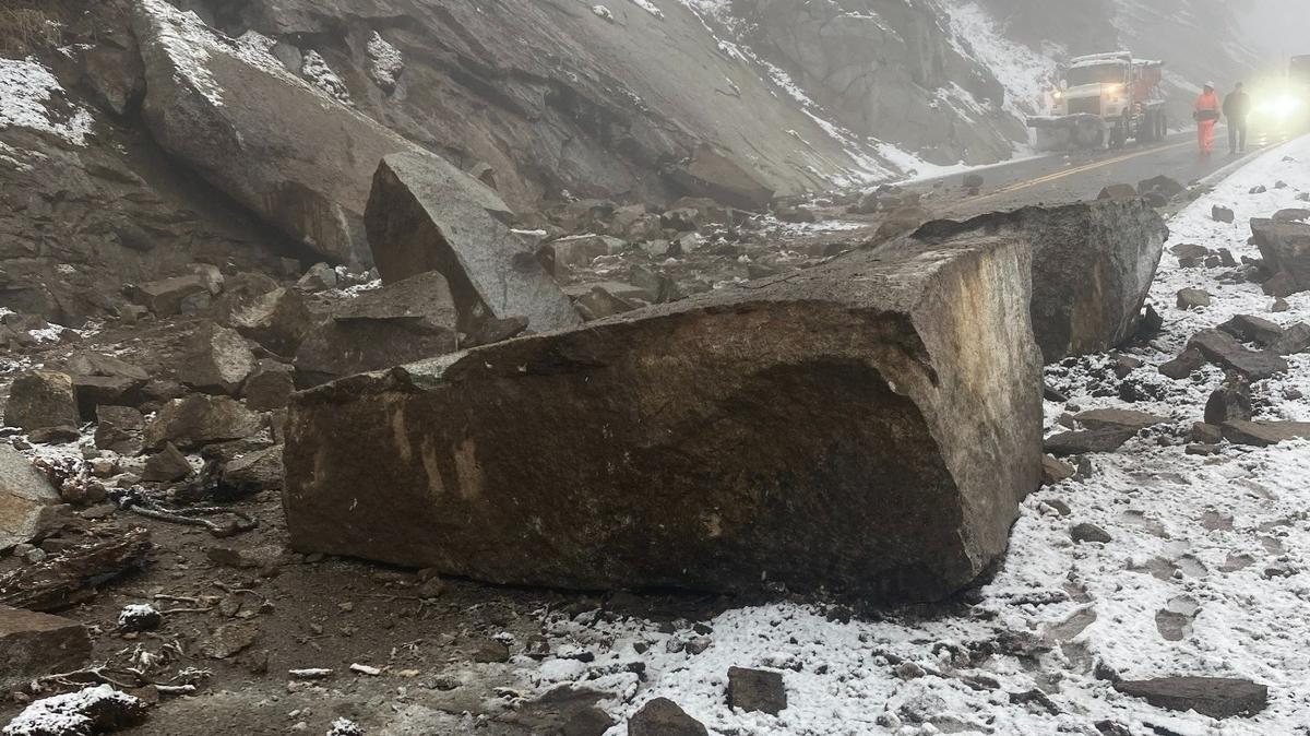 Massive boulders fell onto Highway 180 on Tuesday, Dec. 14, 2021, during a rockslide in rural Fresno County near Dunlap.