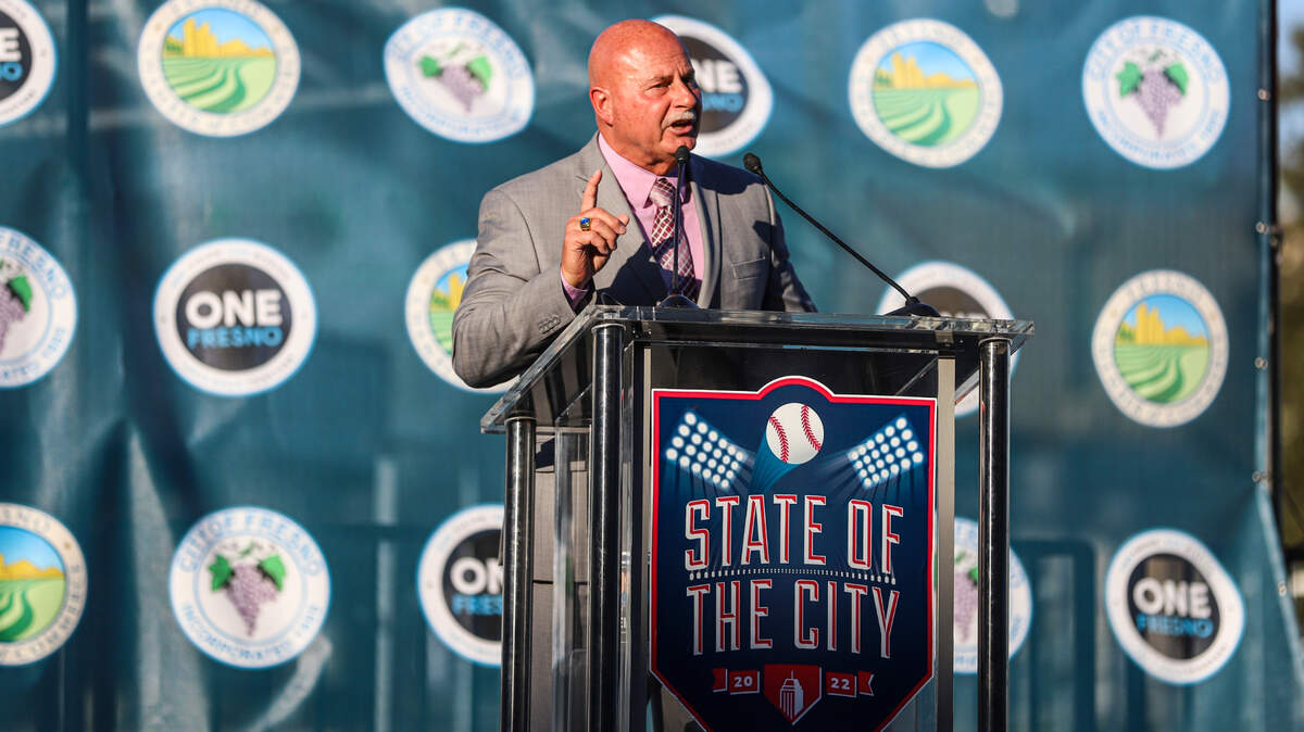 Fresno Mayor Jerry Dyer gives his State of the City address in Chukchansi Park in downtown Fresno on Thursday, May 12, 2022.