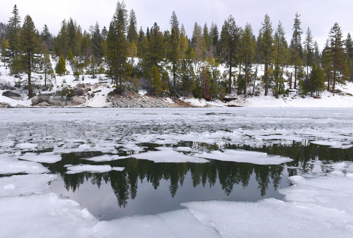 Ice is seen floating at Shaver Lake’s Sierra Marina Friday afternoon, March 17, 2023.