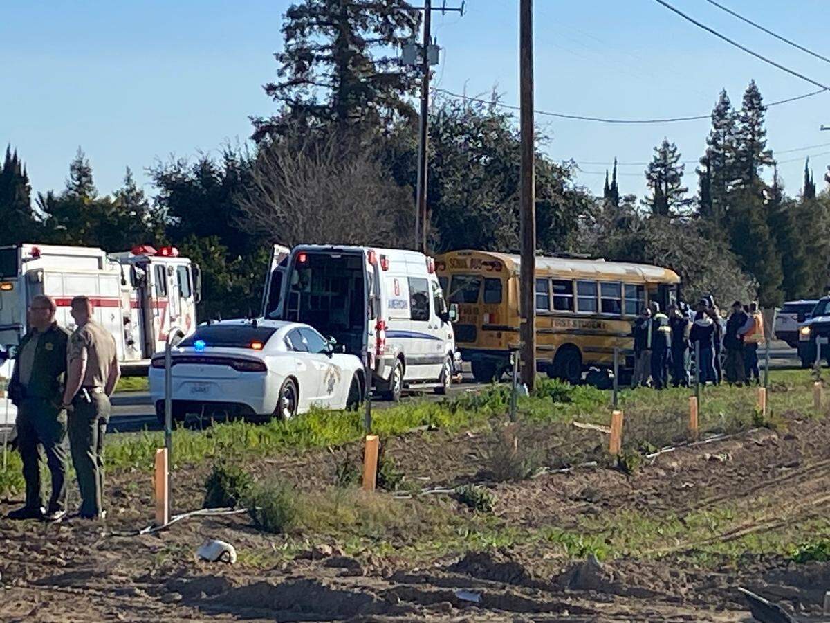 Officers investigate where a school bus carrying special needs children was involved in a suspected DUI crash in Fresno County on Wednesday, Feb. 15, 2023.