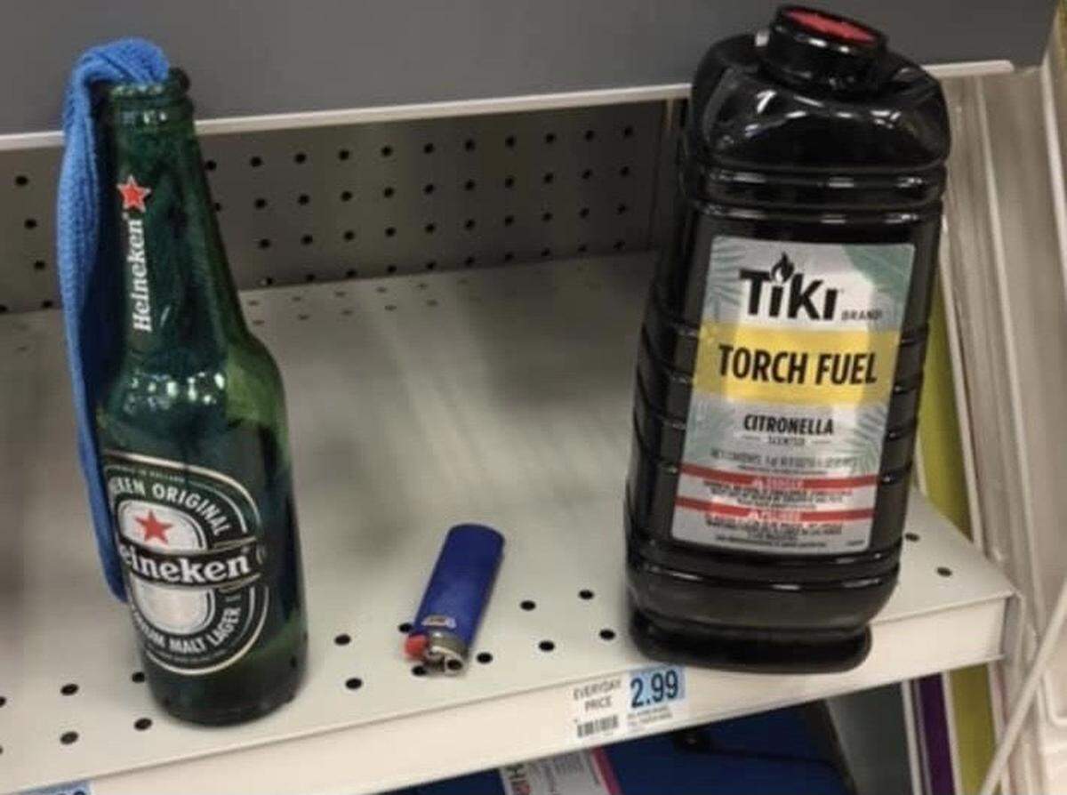 A Molotov cocktail fashioned from a beer bottle and Tiki Torch fuel were among the evidence seized Friday, Aug. 20, 2021, by Shasta County Sheriff’s Office deputies in the arrest of a man suspected of attempted arson at a Rite Aid.