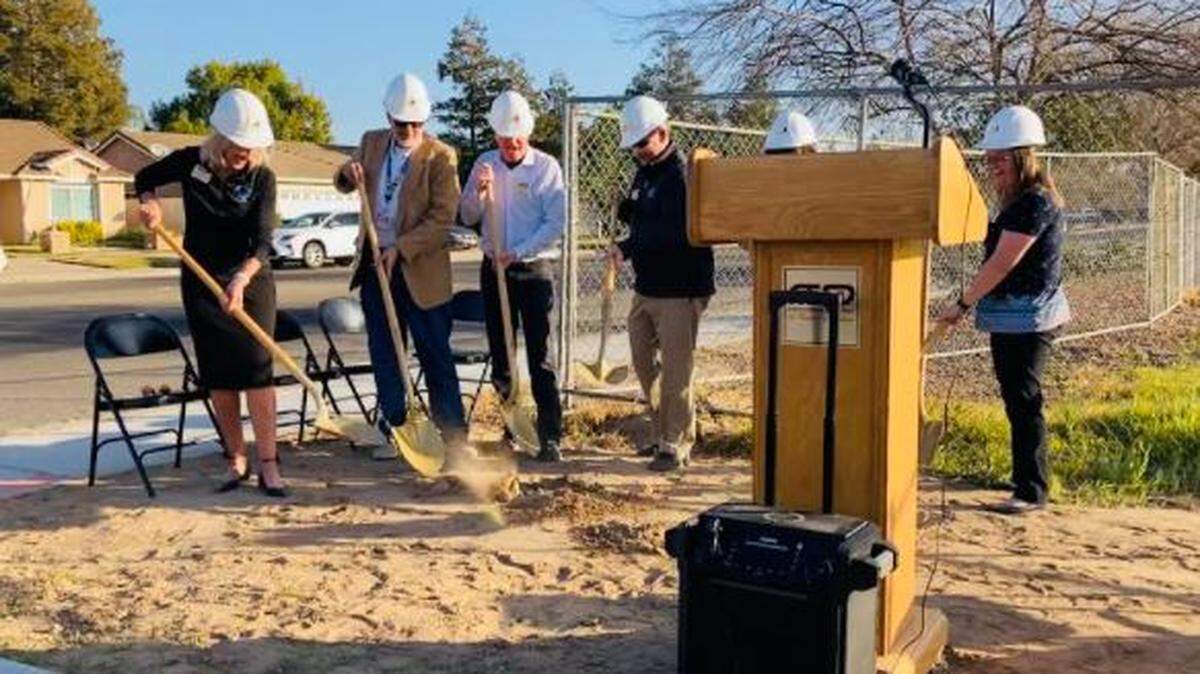 Shown left to right, Atwater Elementary School District Superintendent Dr. Sandra Schiber, trustee Larry Whitney, trustee Scott Lee, Assistant Superintendent of Business Services Aaron Delworth, trustee Mary Ellen Arana and trustee Jessica Reed take part in the groundbreaking for Juniper Elementary in Atwater, CA on Feb. 11, 2022.