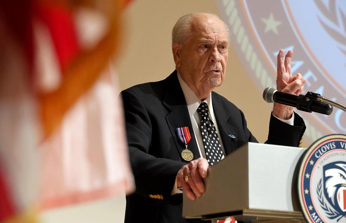 World War II Army veteran Vernon Schmidt, 96, speaks during the ceremony where he was presented with the Czechoslovakian Honorary Commemorative&nbsp;Medal for his merits in liberating Czechoslovakia in May 1945 and Holocaust survivors from the Flossenburg concentration camp, Thursday March 10, at the Clovis Veterans Memorial District.
