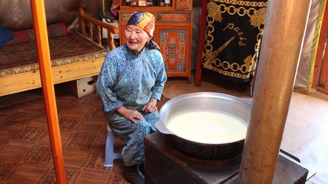 
Yandag, part of a herder family, sits next to a bowl of clotted cream she is making in her ger (yurt) near the Khogno Khan Uul Nature Reserve in central Mongolia on July 8, 2015.

