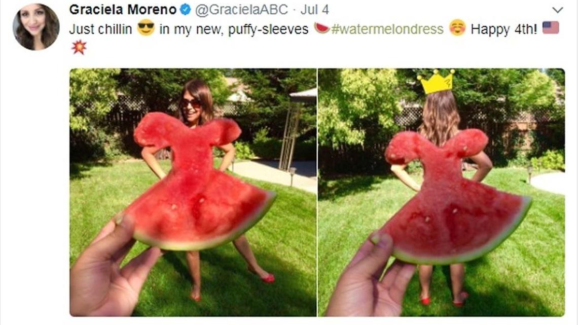 ABC30 anchor Graciela Moreno posted her version of the watermelon dress on Twitter.