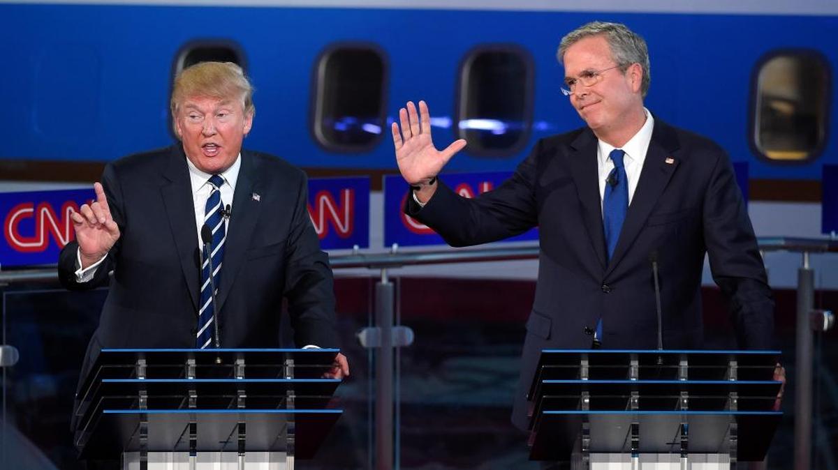 
Republican presidential candidate Donald Trump and former Florida Gov. Jeb Bush talk over each other during the CNN Republican presidential debate on Wednesday. 

